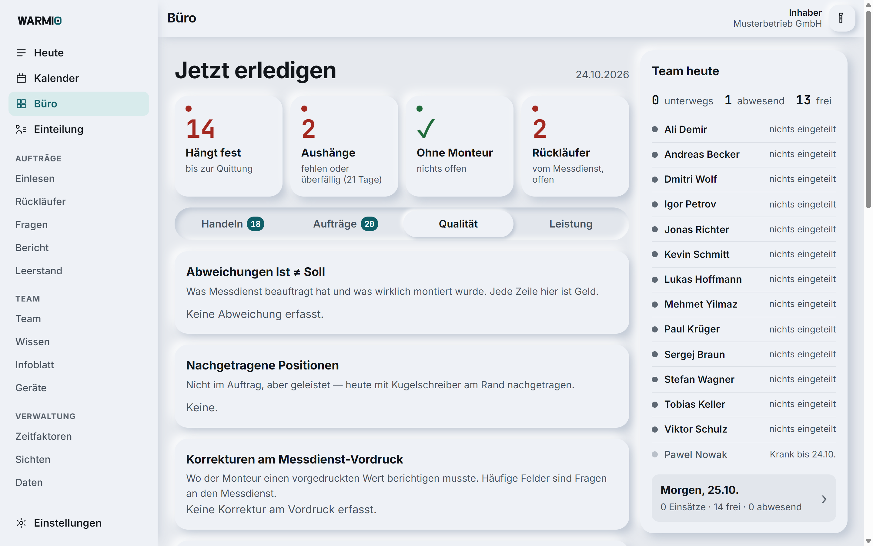 Warmio, Büro im Bereich Qualität mit Abweichungen Ist zu Soll
