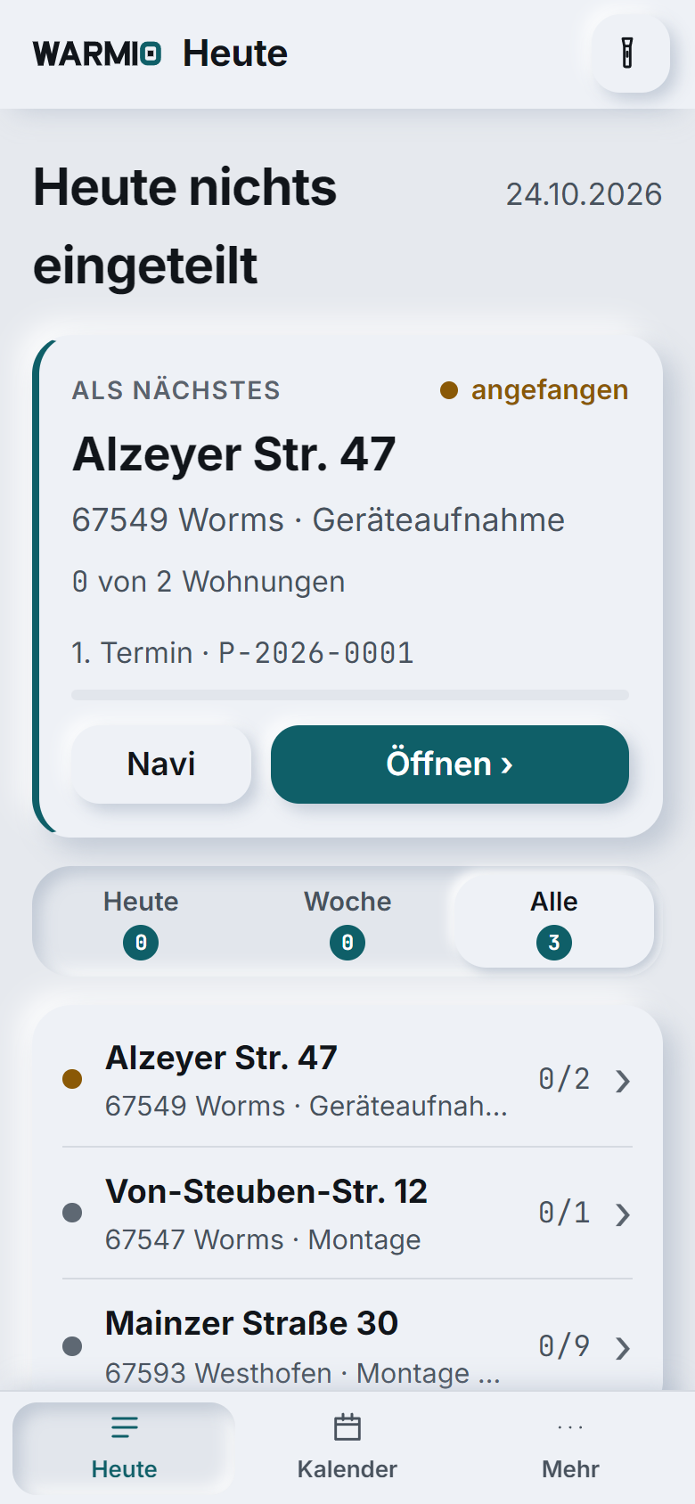 Warmio auf dem Smartphone: Tagesliste mit »Als Nächstes« und Navi-Knopf