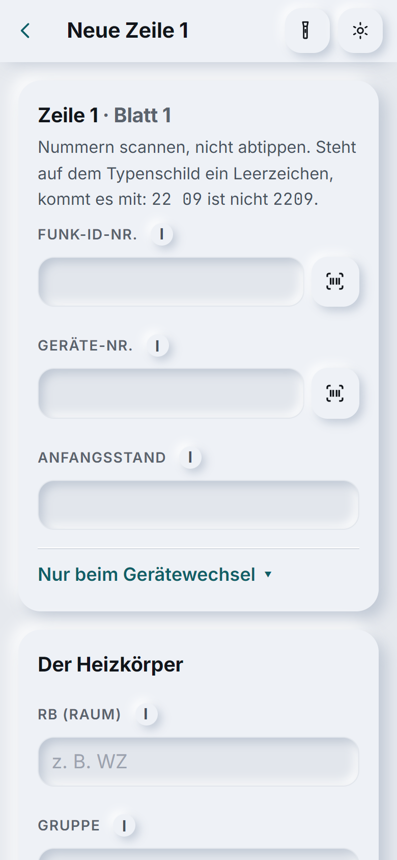 Warmio auf dem Smartphone: Gerätezeile mit Scan-Knöpfen